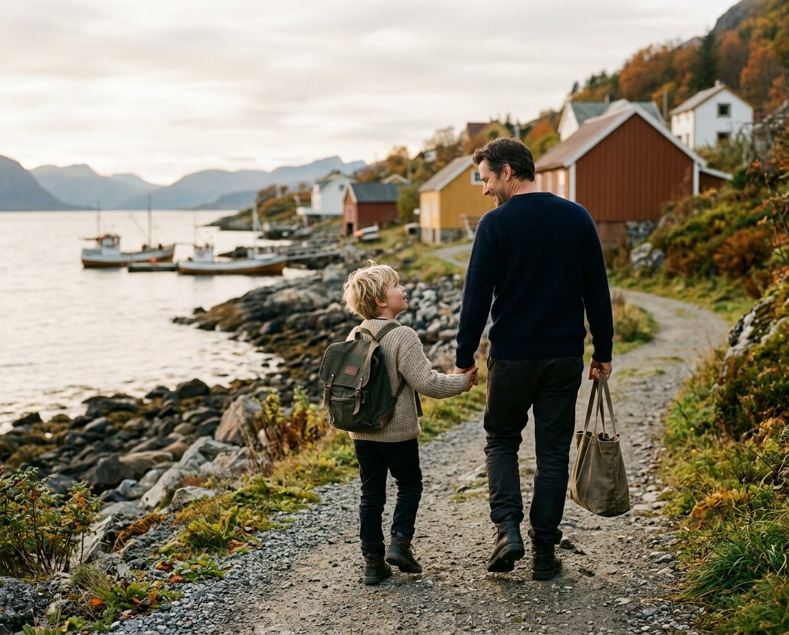 En far og en sønn går hånd i hånd langs en sti ved sjøen