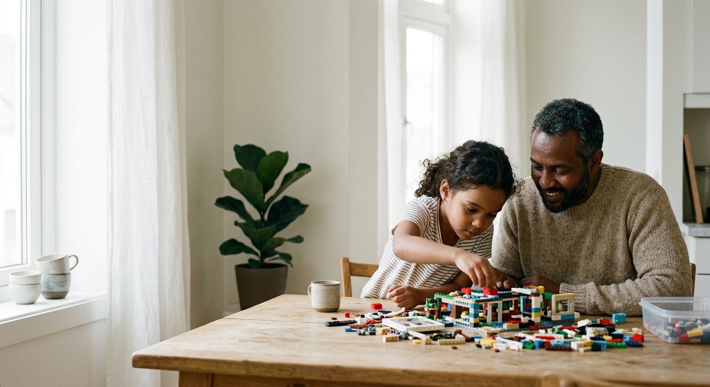 En far og en datter bygger lego sammen ved kjøkkenbordet